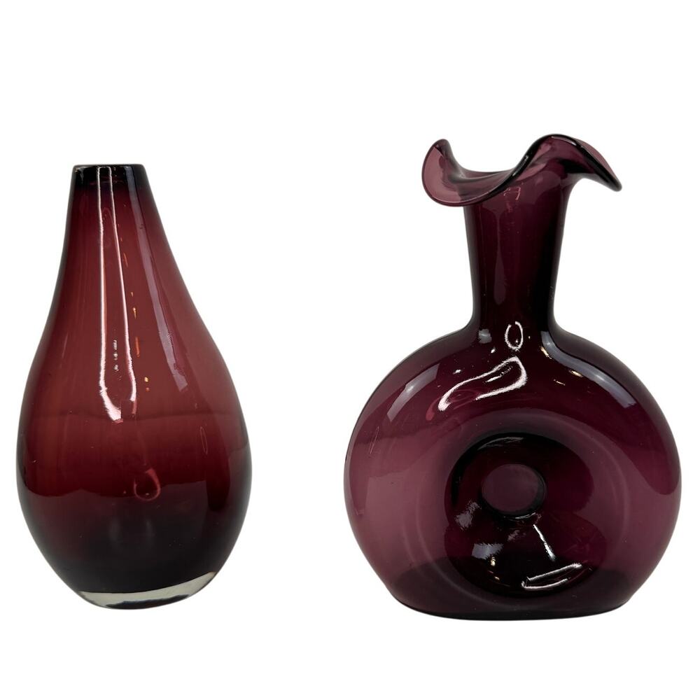 Set 2 Vintage BLENKO Pinched Donut Purple Amethyst Tulip Vase Glass Teardrop MCM